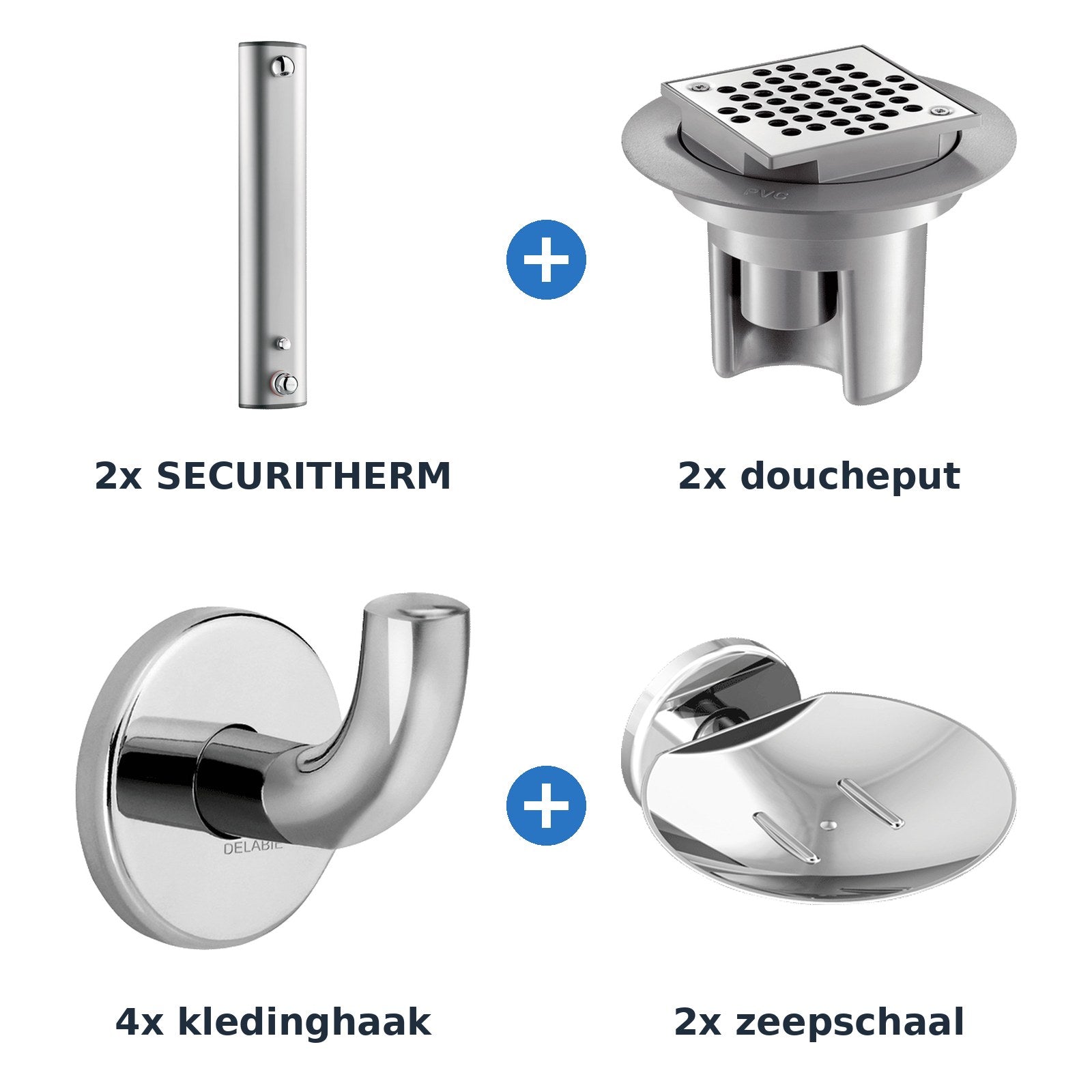 Delabie douche-opstelling thermostatisch 2 douches SECURITHERM aluminium met RVS glanzend - overzicht