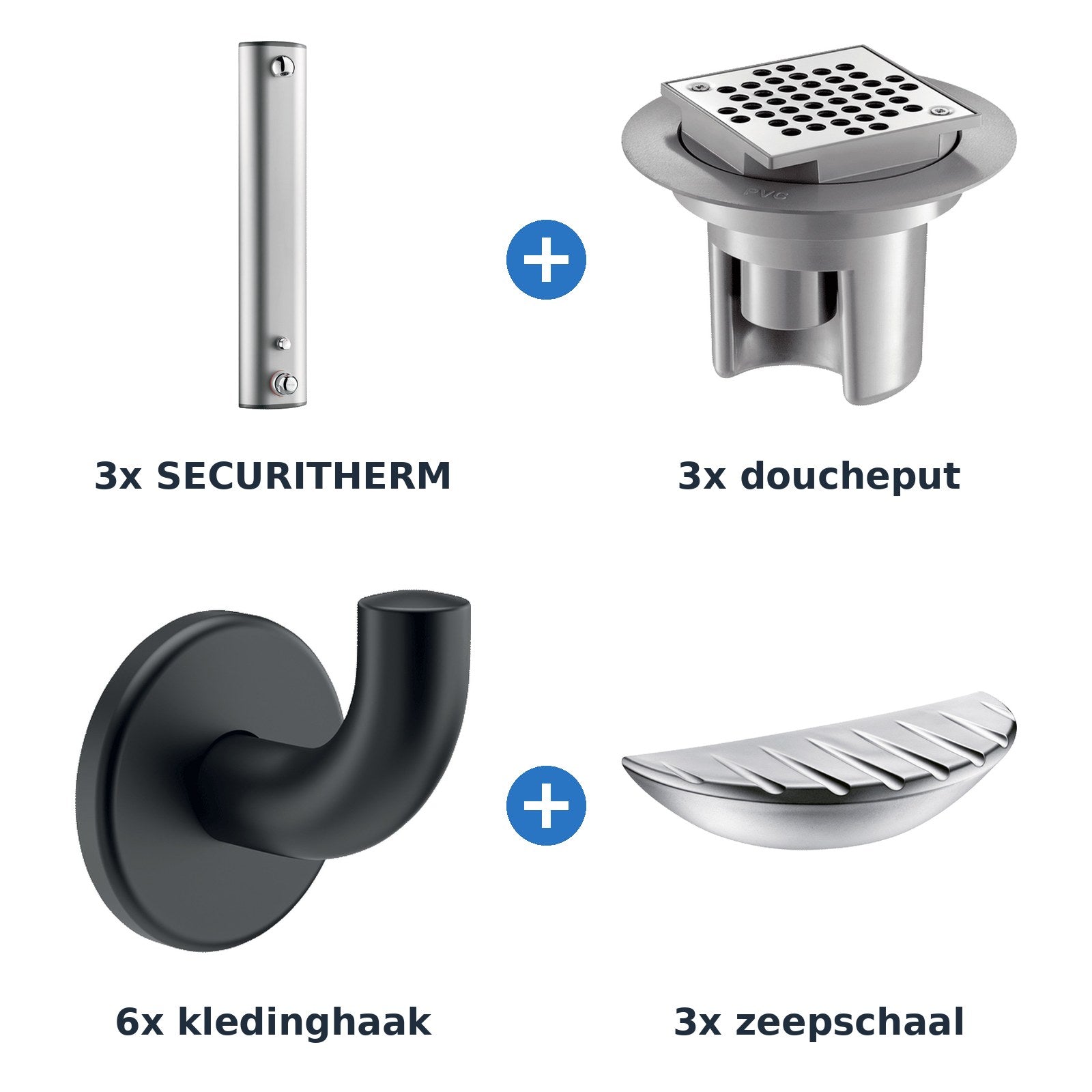 Delabie douche-opstelling thermostatisch 3 douches SECURITHERM aluminium met mat zwart - overzicht