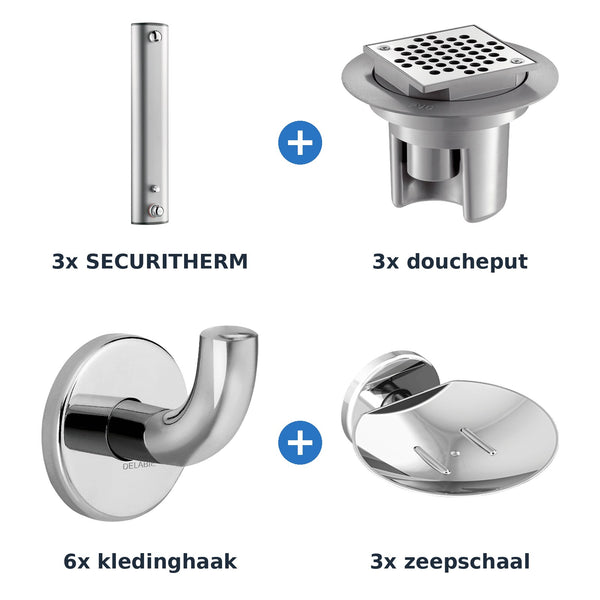 Delabie douche-opstelling thermostatisch 3 douches SECURITHERM aluminium met RVS glanzend - overzicht