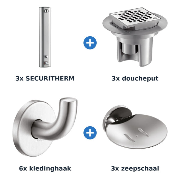Delabie douche-opstelling thermostatisch 3 douches SECURITHERM aluminium met RVS mat - overzicht