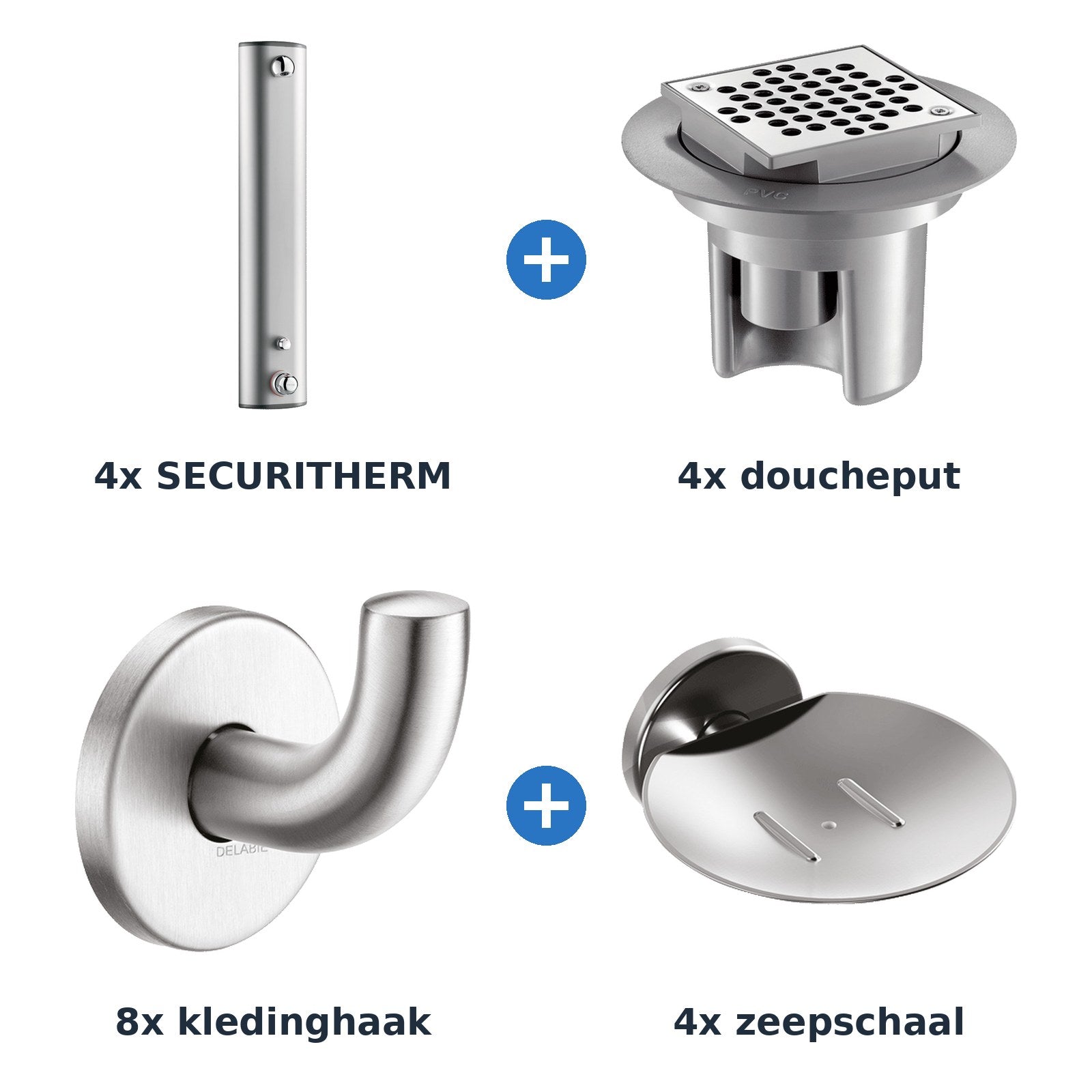 Delabie douche-opstelling thermostatisch 4 douches SECURITHERM aluminium met RVS mat - overzicht