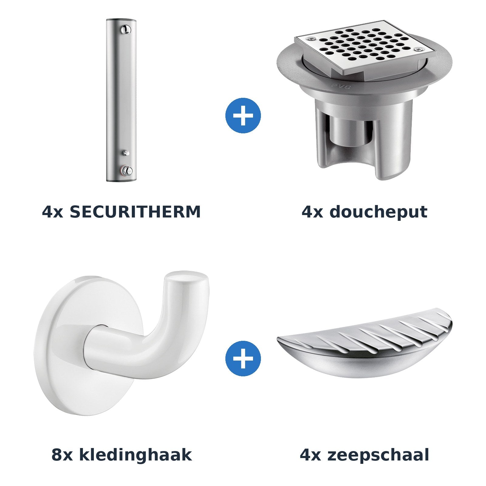 Delabie douche-opstelling thermostatisch 4 douches SECURITHERM aluminium met wit - overzicht