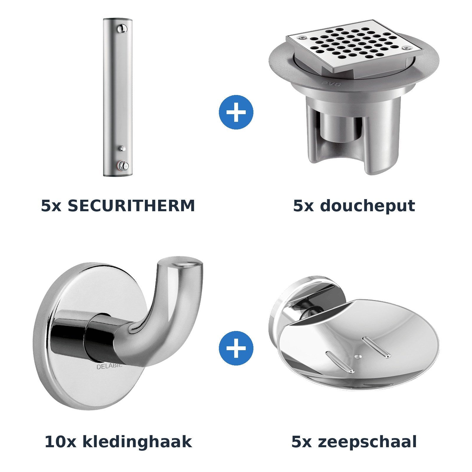 Delabie douche-opstelling thermostatisch 5 douches SECURITHERM aluminium met RVS glanzend - overzicht