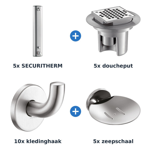 Delabie douche-opstelling thermostatisch 5 douches SECURITHERM aluminium met RVS mat - overzicht
