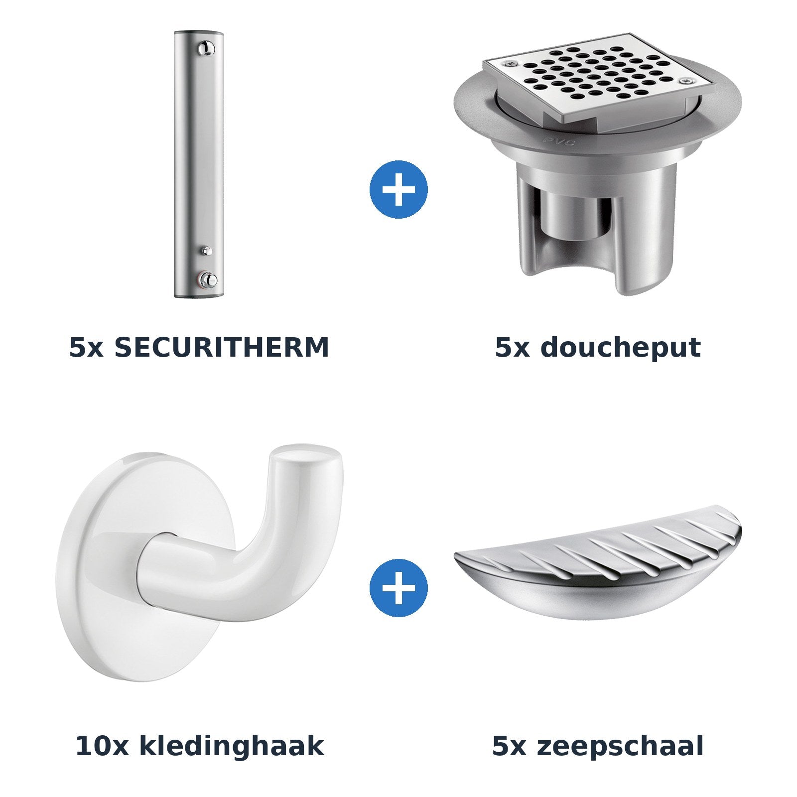 Delabie douche-opstelling thermostatisch 5 douches SECURITHERM aluminium met wit - overzicht