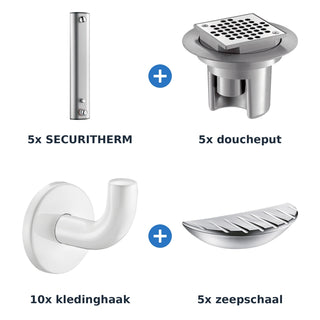 Delabie douche-opstelling thermostatisch 5 douches SECURITHERM aluminium met wit - overzicht