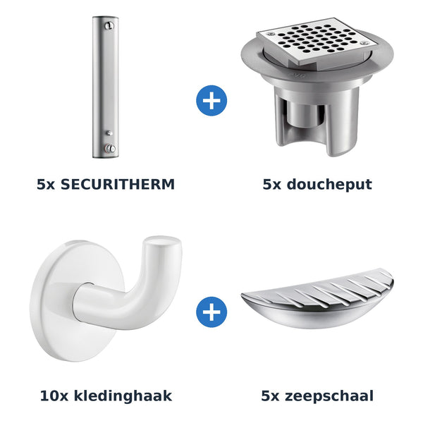Delabie douche-opstelling thermostatisch 5 douches SECURITHERM aluminium met wit - overzicht
