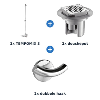 Delabie douche-opstelling zelfsluitend 2 douches TEMPOMIX 3 chroom met RVS glanzend - overzicht