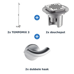 Delabie douche-opstelling zelfsluitend 2 douches TEMPOMIX 3 chroom met RVS mat - overzicht