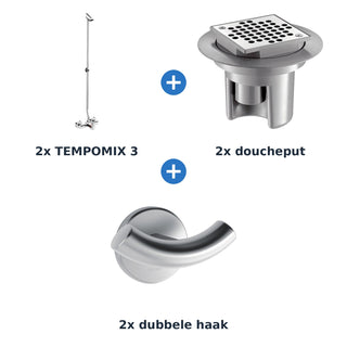 Delabie douche-opstelling zelfsluitend 2 douches TEMPOMIX 3 chroom met RVS mat - overzicht