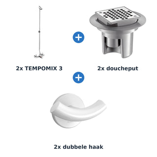 Delabie douche-opstelling zelfsluitend 2 douches TEMPOMIX 3 chroom met wit - overzicht