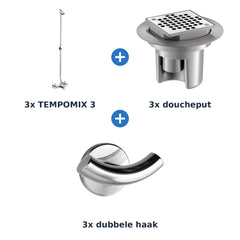 Delabie douche-opstelling zelfsluitend 3 douches TEMPOMIX 3 chroom met RVS glanzend - overzicht