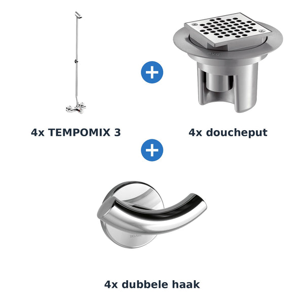 Delabie douche-opstelling zelfsluitend 4 douches TEMPOMIX 3 chroom met RVS glanzend - overzicht