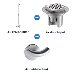 Delabie douche-opstelling zelfsluitend 4 douches TEMPOMIX 3 chroom met RVS mat - overzicht