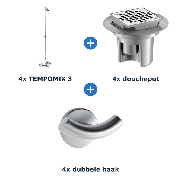 Delabie douche-opstelling zelfsluitend 4 douches TEMPOMIX 3 chroom met RVS mat - overzicht