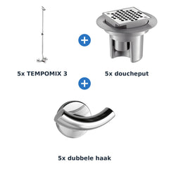 Delabie douche-opstelling zelfsluitend 5 douches TEMPOMIX 3 chroom met RVS glanzend - overzicht