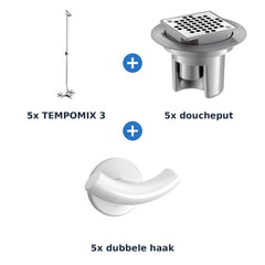 Delabie douche-opstelling zelfsluitend 5 douches TEMPOMIX 3 chroom met wit - overzicht