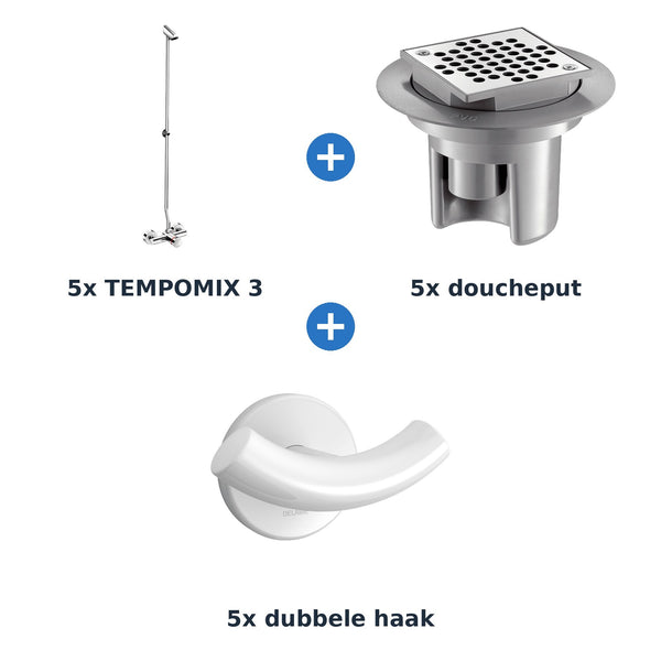 Delabie douche-opstelling zelfsluitend 5 douches TEMPOMIX 3 chroom met wit - overzicht
