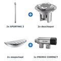 Delabie douche-opstelling zelfsluitend 2 douches SPORTING 2 + PREMIX aluminium met mat chroom - overzicht
