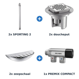 Delabie douche-opstelling zelfsluitend 2 douches SPORTING 2 + PREMIX aluminium met mat chroom - overzicht