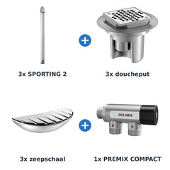 Delabie douche-opstelling zelfsluitend 3 douches SPORTING 2 + PREMIX aluminium met glanzend chroom - overzicht