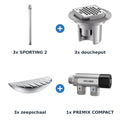 Delabie douche-opstelling zelfsluitend 3 douches SPORTING 2 + PREMIX aluminium met mat chroom - overzicht