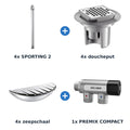 Delabie douche-opstelling zelfsluitend 4 douches SPORTING 2 + PREMIX aluminium met glanzend chroom - overzicht