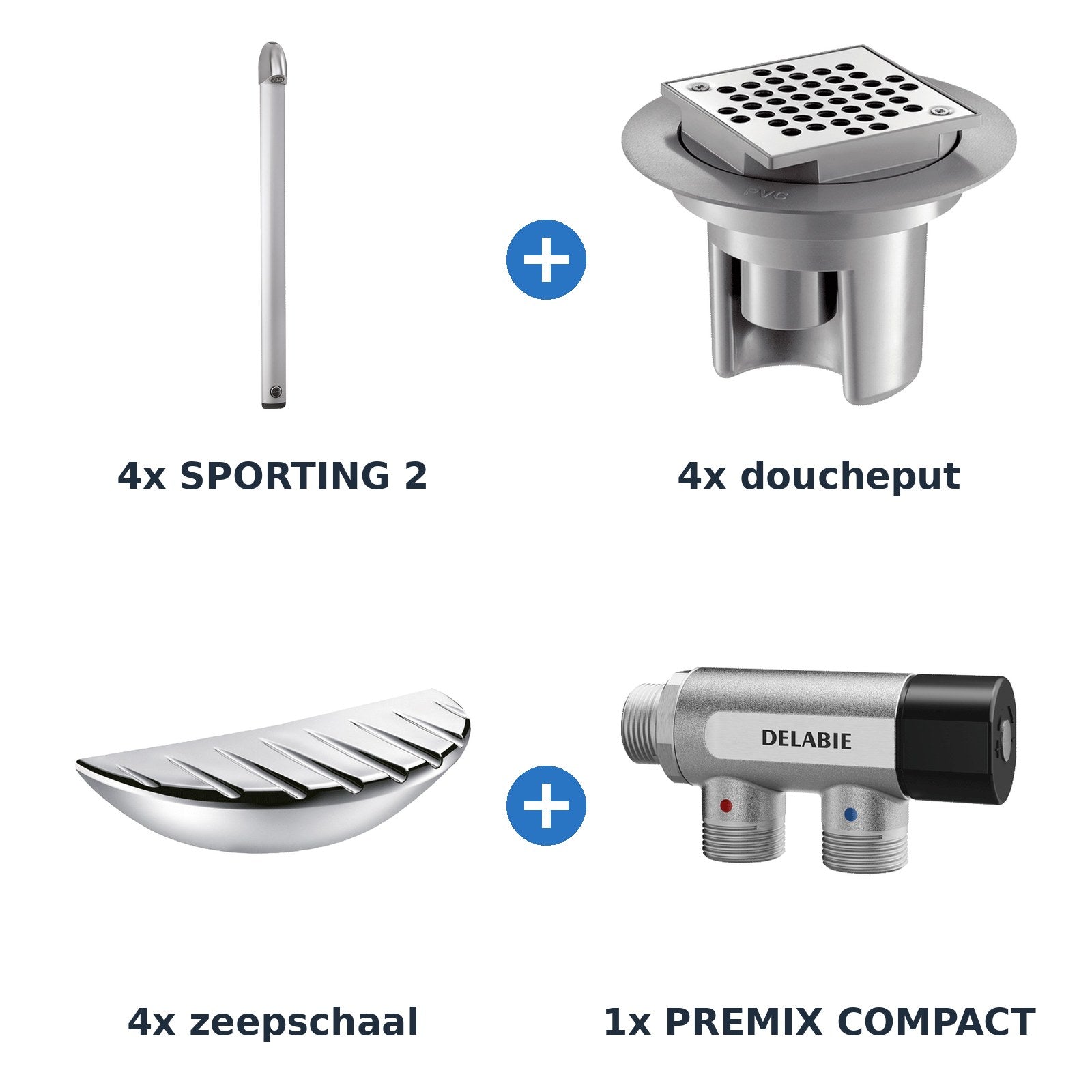 Delabie douche-opstelling zelfsluitend 4 douches SPORTING 2 + PREMIX aluminium met glanzend chroom - overzicht