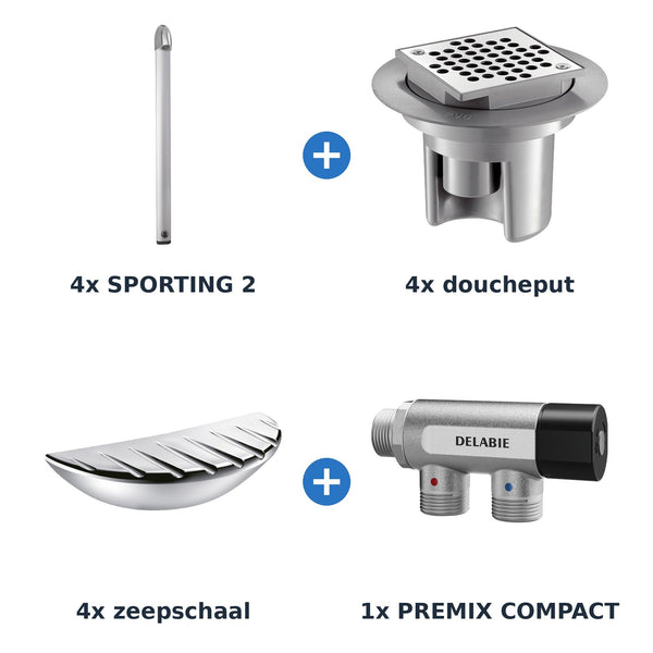 Delabie douche-opstelling zelfsluitend 4 douches SPORTING 2 + PREMIX aluminium met glanzend chroom - overzicht