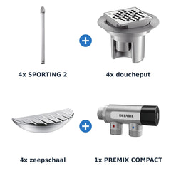 Delabie douche-opstelling zelfsluitend 4 douches SPORTING 2 + PREMIX aluminium met mat chroom - overzicht