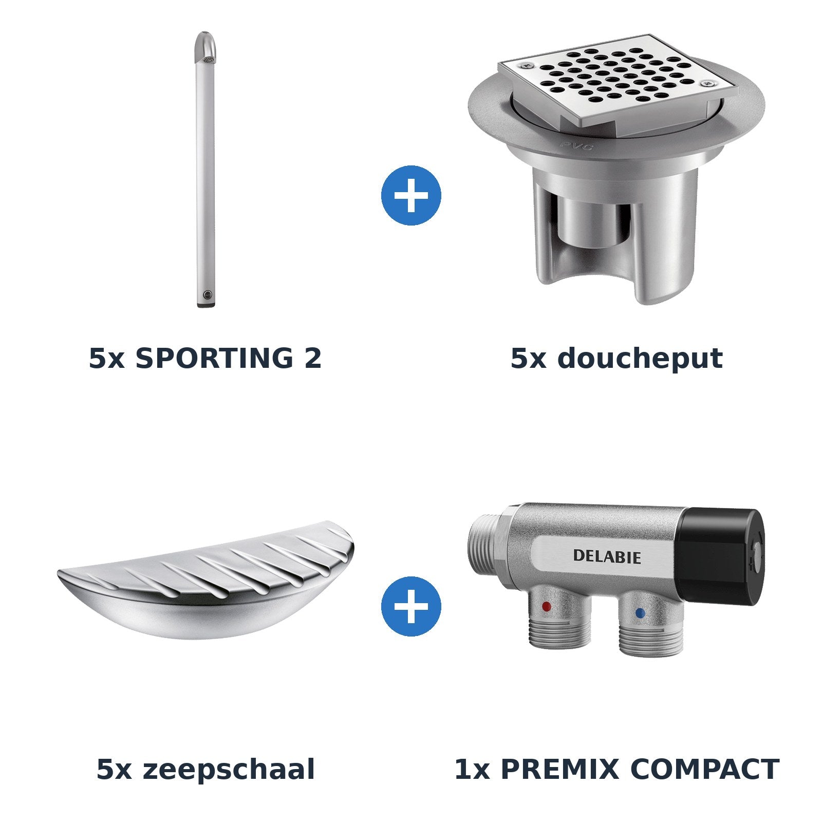 Delabie douche-opstelling zelfsluitend 5 douches SPORTING 2 + PREMIX aluminium met mat chroom - overzicht