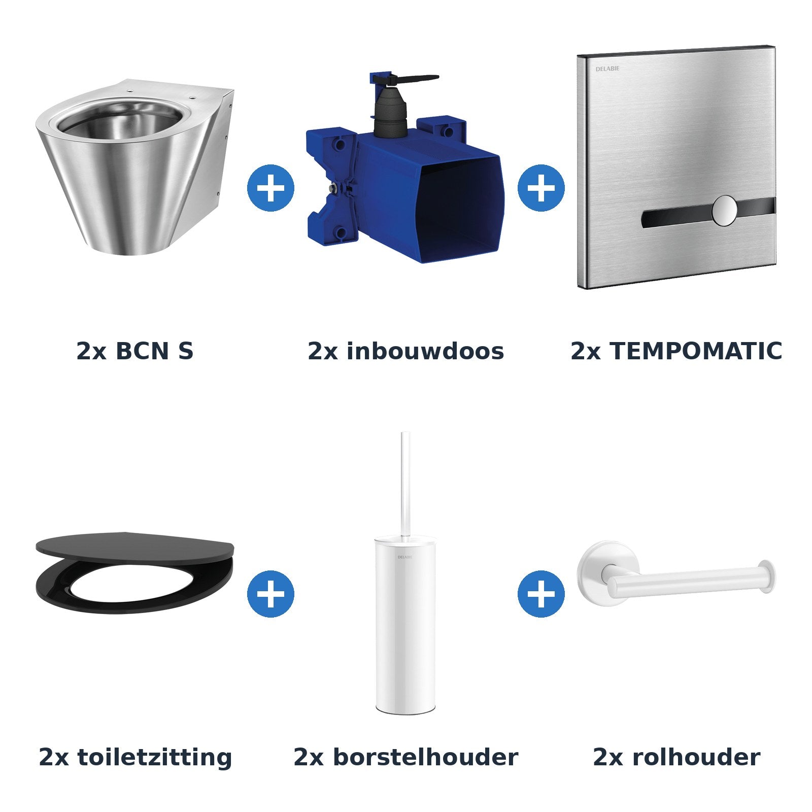 Delabie toiletopstelling elektronisch 2 toiletten BCN S + TEMPOMATIC op netspanning met accessoires wit - inhoud van de set