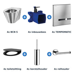 Delabie toiletopstelling elektronisch 4 toiletten BCN S + TEMPOMATIC op netspanning met accessoires RVS glanzend - inhoud van de set