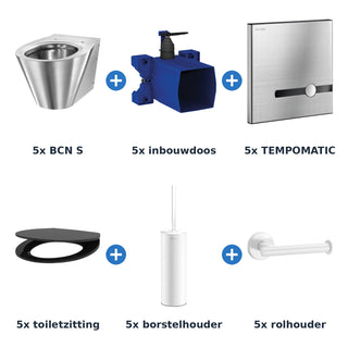 Delabie toiletopstelling elektronisch 5 toiletten BCN S + TEMPOMATIC op netspanning met accessoires wit - inhoud van de set