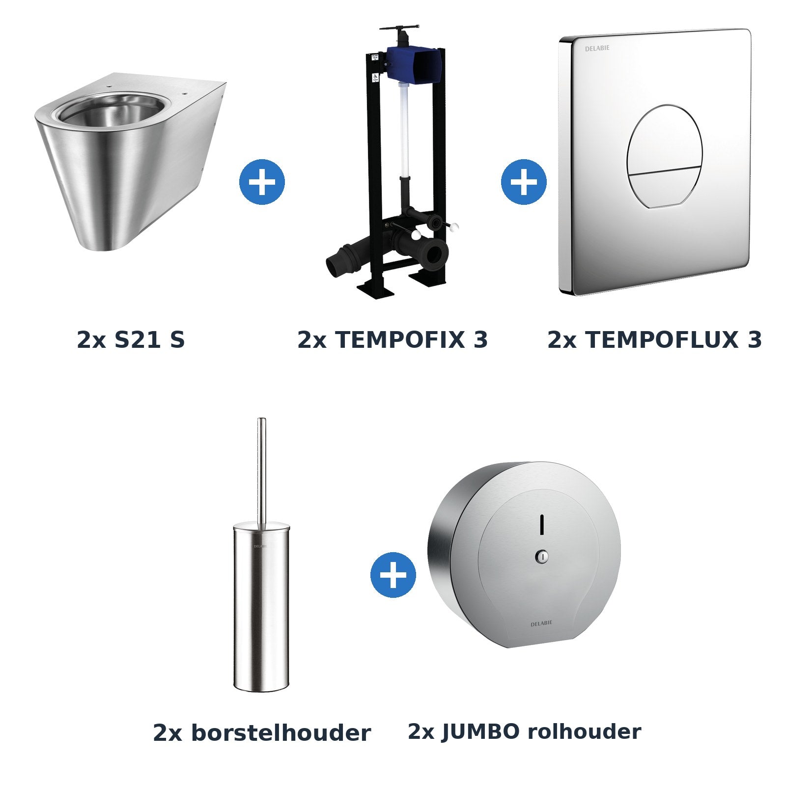 Delabie toiletopstelling zelfsluitend 2 toiletten S21 S + TEMPOFLUX 3 plaat rond chroom - inhoud van de set