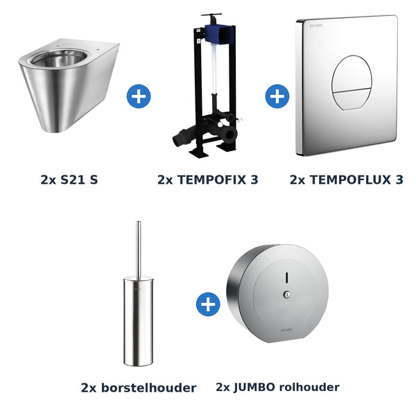 Delabie toiletopstelling zelfsluitend 2 toiletten S21 S + TEMPOFLUX 3 plaat rond chroom - inhoud van de set