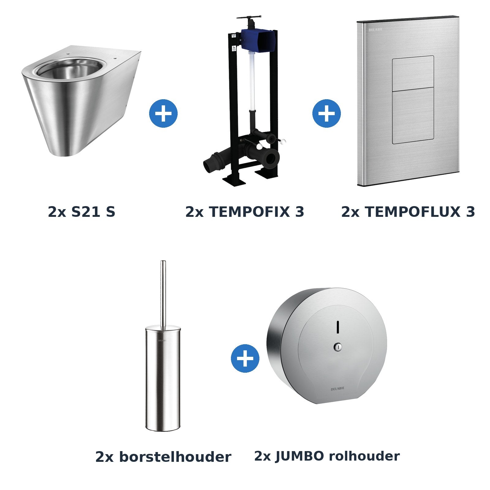 Delabie toiletopstelling zelfsluitend 2 toiletten S21 S + TEMPOFLUX 3 plaat RVS mat - inhoud van de set