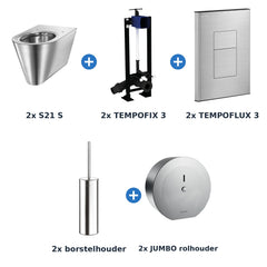 Delabie toiletopstelling zelfsluitend 2 toiletten S21 S + TEMPOFLUX 3 plaat RVS mat - inhoud van de set
