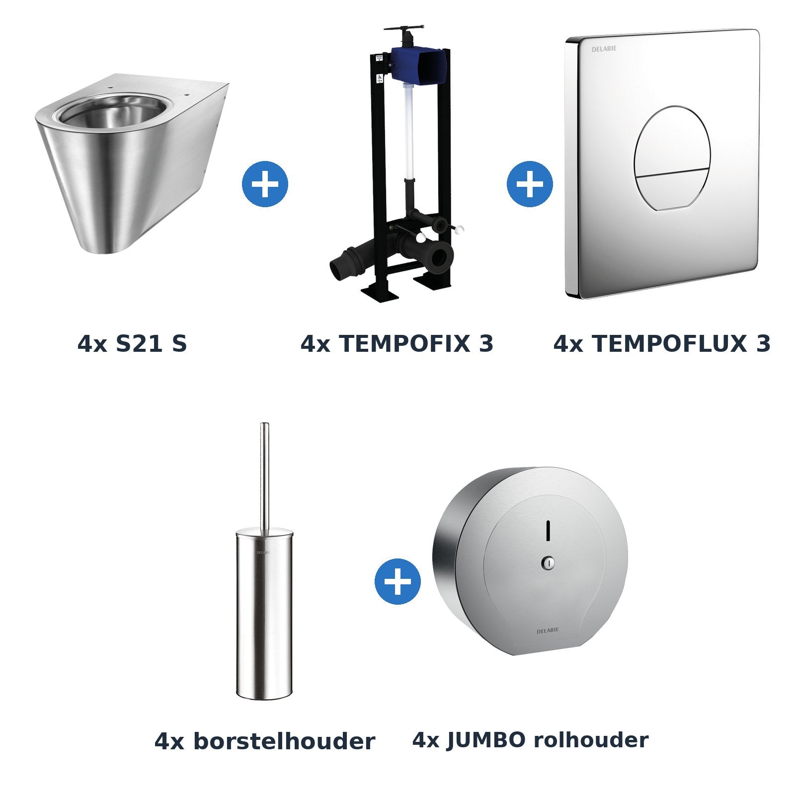 Delabie toiletopstelling zelfsluitend 4 toiletten S21 S + TEMPOFLUX 3 plaat rond chroom - inhoud van de set