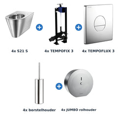 Delabie toiletopstelling zelfsluitend 4 toiletten S21 S + TEMPOFLUX 3 plaat rond chroom - inhoud van de set