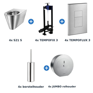 Delabie toiletopstelling zelfsluitend 4 toiletten S21 S + TEMPOFLUX 3 plaat RVS mat - inhoud van de set