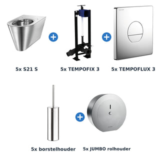 Delabie toiletopstelling zelfsluitend 5 toiletten S21 S + TEMPOFLUX 3 plaat rond chroom - inhoud van de set