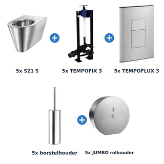 Delabie toiletopstelling zelfsluitend 5 toiletten S21 S + TEMPOFLUX 3 plaat RVS mat - inhoud van de set