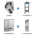 Delabie urinoiropstelling elektronisch 2 plaatsen DELTA + TEMPOMATIC 4 plaat RVS mat - inhoud van de set