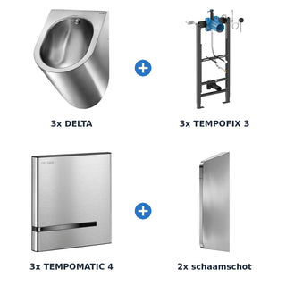 Delabie urinoiropstelling elektronisch 3 plaatsen DELTA + TEMPOMATIC 4 plaat RVS mat - inhoud van de set