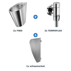 Delabie urinoiropstelling zelfsluitend 2 plaatsen FINO + TEMPOFLUX schaamschot RVS mat - inhoud van de set