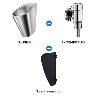 Delabie urinoiropstelling zelfsluitend 3 plaatsen FINO + TEMPOFLUX schaamschot mat zwart - inhoud van de set