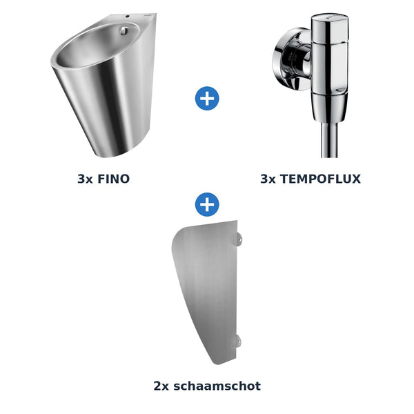 Delabie urinoiropstelling zelfsluitend 3 plaatsen FINO + TEMPOFLUX schaamschot RVS mat - inhoud van de set