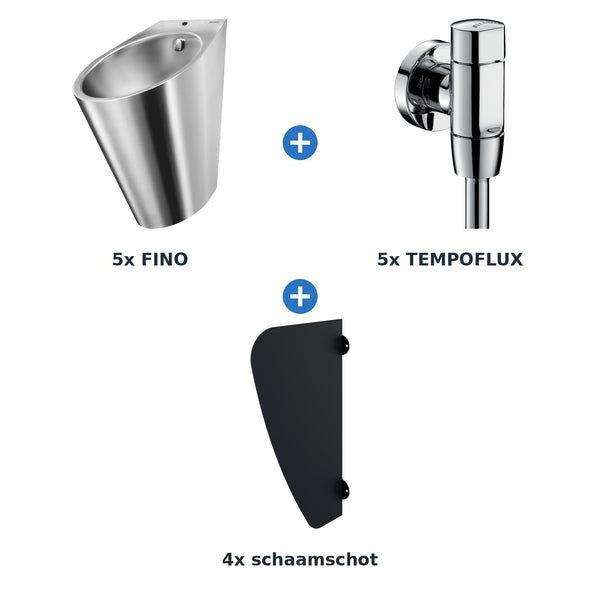 Delabie urinoiropstelling zelfsluitend 5 plaatsen FINO + TEMPOFLUX schaamschot mat zwart - inhoud van de set
