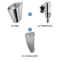 Delabie urinoiropstelling zelfsluitend 5 plaatsen FINO + TEMPOFLUX schaamschot RVS mat - inhoud van de set